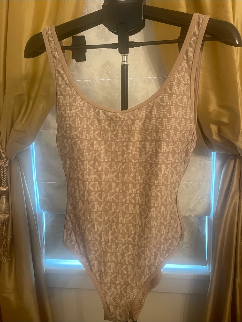 Michael Kors Beige/Tan MK Logo Scoop-Back Bodysuit